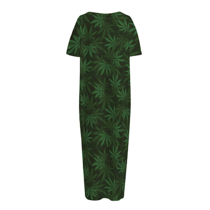 Forest Green Cannabis Leaf Print Short Sleeve Long Nightdress