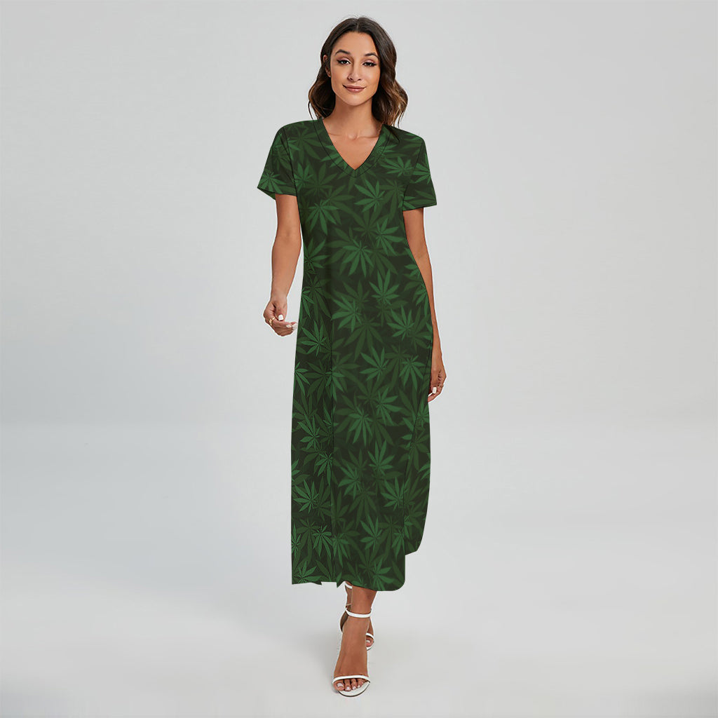 Forest Green Cannabis Leaf Print Short Sleeve Maxi Dress