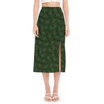 Forest Green Cannabis Leaf Print Side Slit Midi Skirt