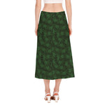Forest Green Cannabis Leaf Print Side Slit Midi Skirt
