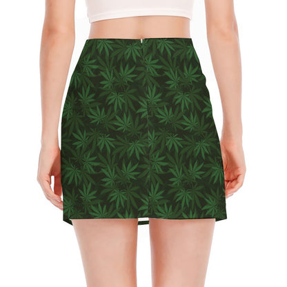 Forest Green Cannabis Leaf Print Side Slit Mini Skirt