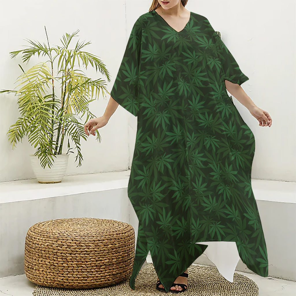 Forest Green Cannabis Leaf Print Silk V-Neck Kaftan Dress