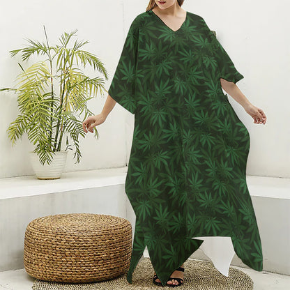 Forest Green Cannabis Leaf Print Silk V-Neck Kaftan Dress