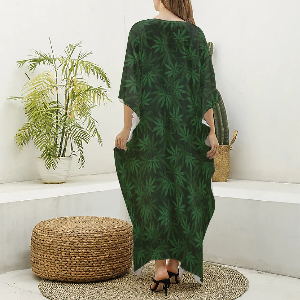 Forest Green Cannabis Leaf Print Silk V-Neck Kaftan Dress