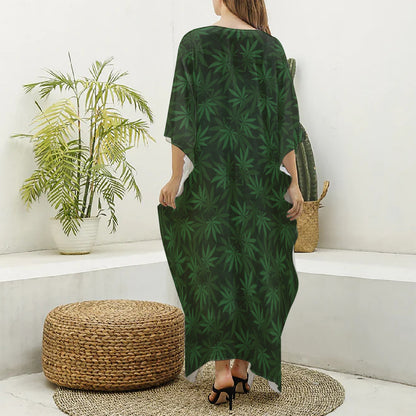Forest Green Cannabis Leaf Print Silk V-Neck Kaftan Dress