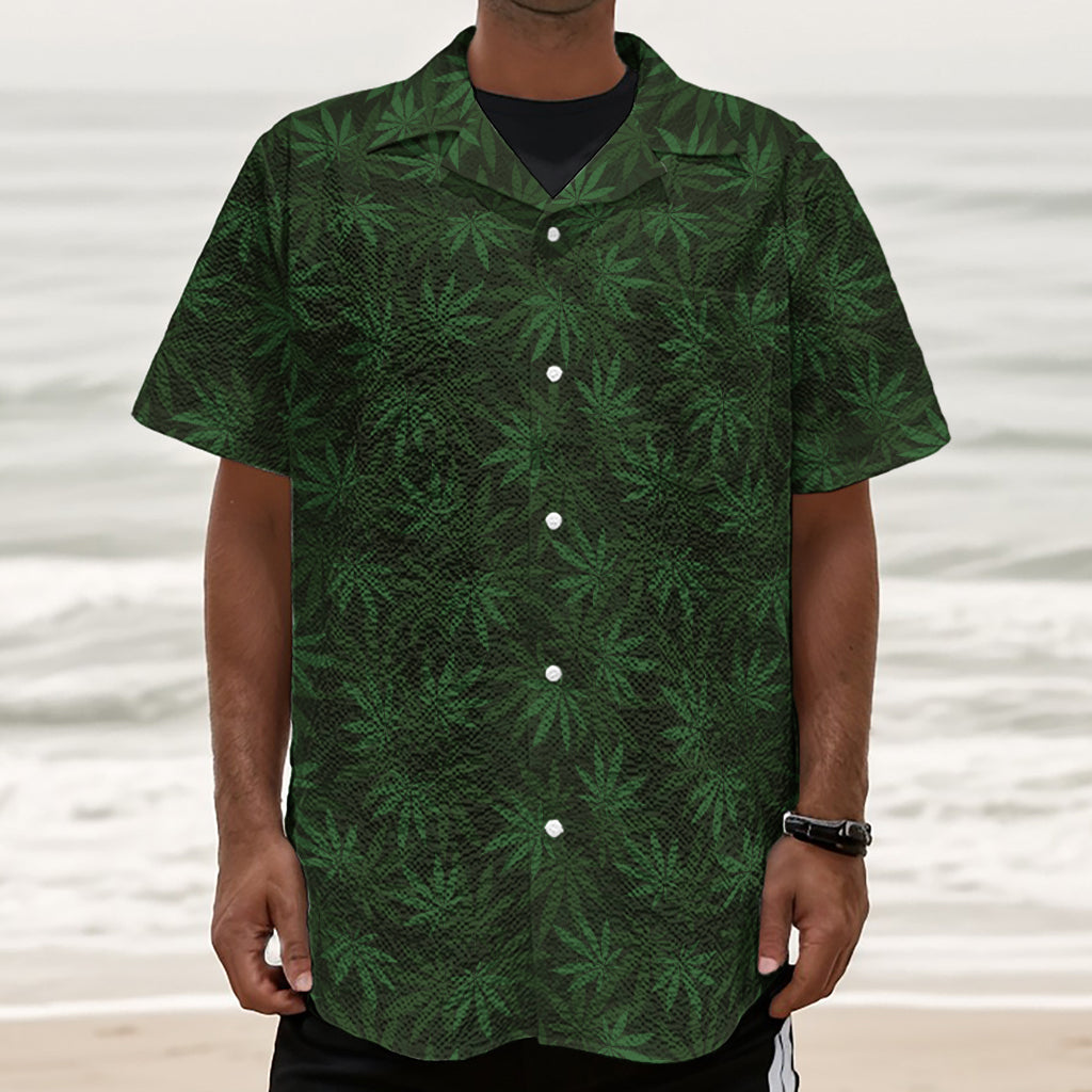 Forest Green Cannabis Leaf Print Textured Short Sleeve Shirt