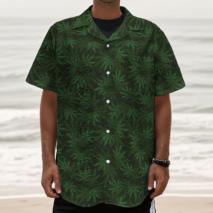 Forest Green Cannabis Leaf Print Textured Short Sleeve Shirt