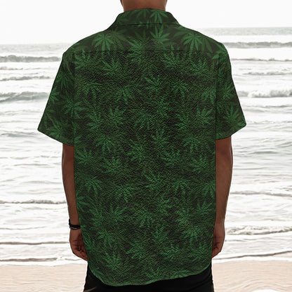 Forest Green Cannabis Leaf Print Textured Short Sleeve Shirt