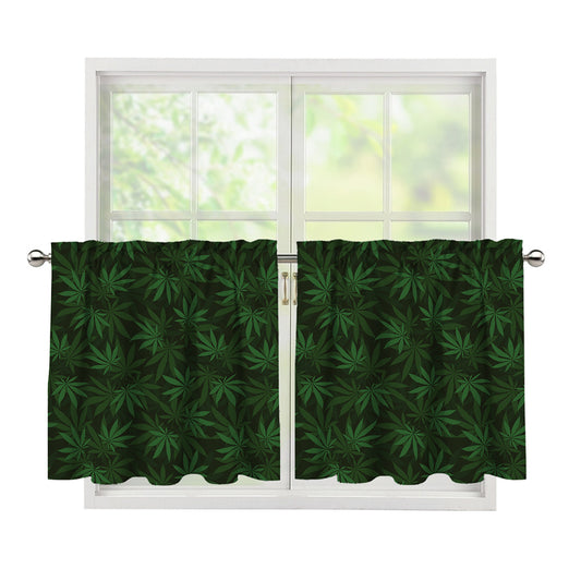 Forest Green Cannabis Leaf Print Tier Curtains