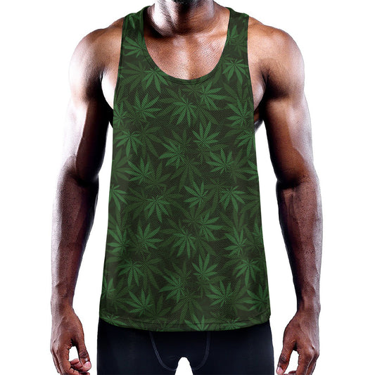 Forest Green Cannabis Leaf Print Training Tank Top