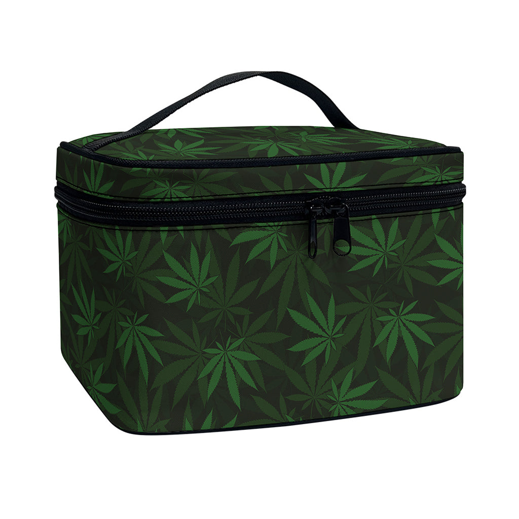 Forest Green Cannabis Leaf Print Travel Makeup Bag