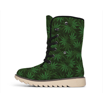 Forest Green Cannabis Leaf Print Winter Boots