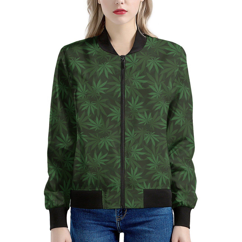 Forest Green Cannabis Leaf Print Women's Bomber Jacket