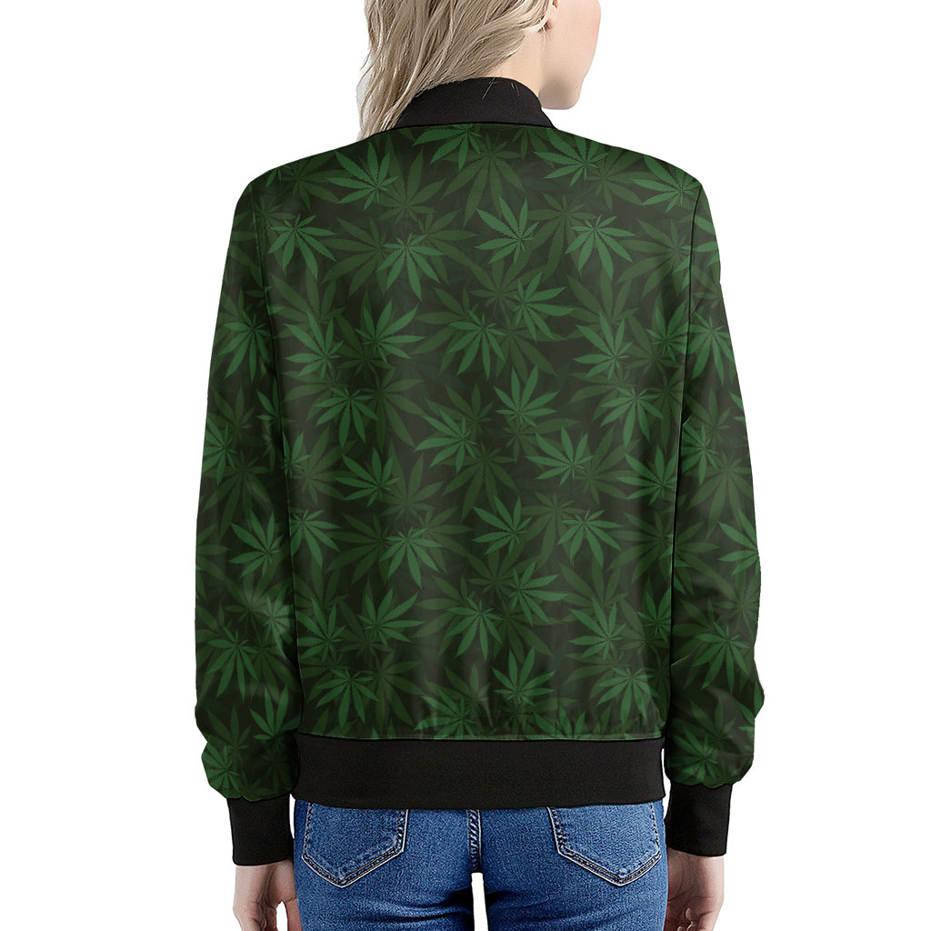 Forest Green Cannabis Leaf Print Women's Bomber Jacket