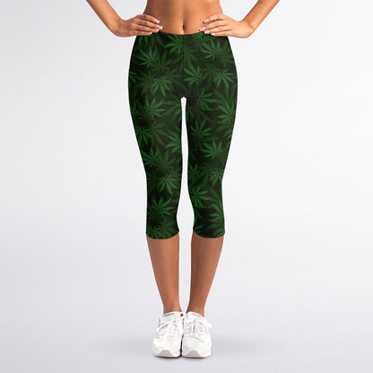 Forest Green Cannabis Leaf Print Women's Capri Leggings