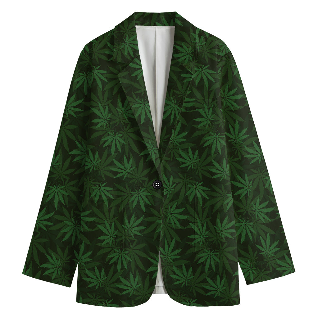 Forest Green Cannabis Leaf Print Women's Cotton Blazer