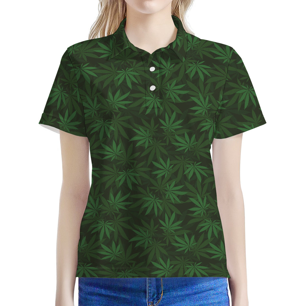 Forest Green Cannabis Leaf Print Women's Polo Shirt