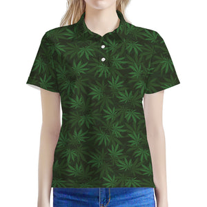 Forest Green Cannabis Leaf Print Women's Polo Shirt