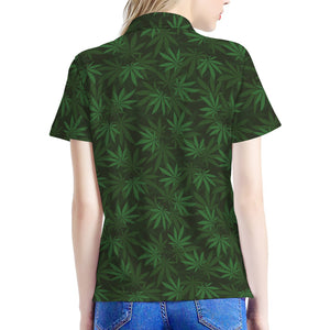 Forest Green Cannabis Leaf Print Women's Polo Shirt