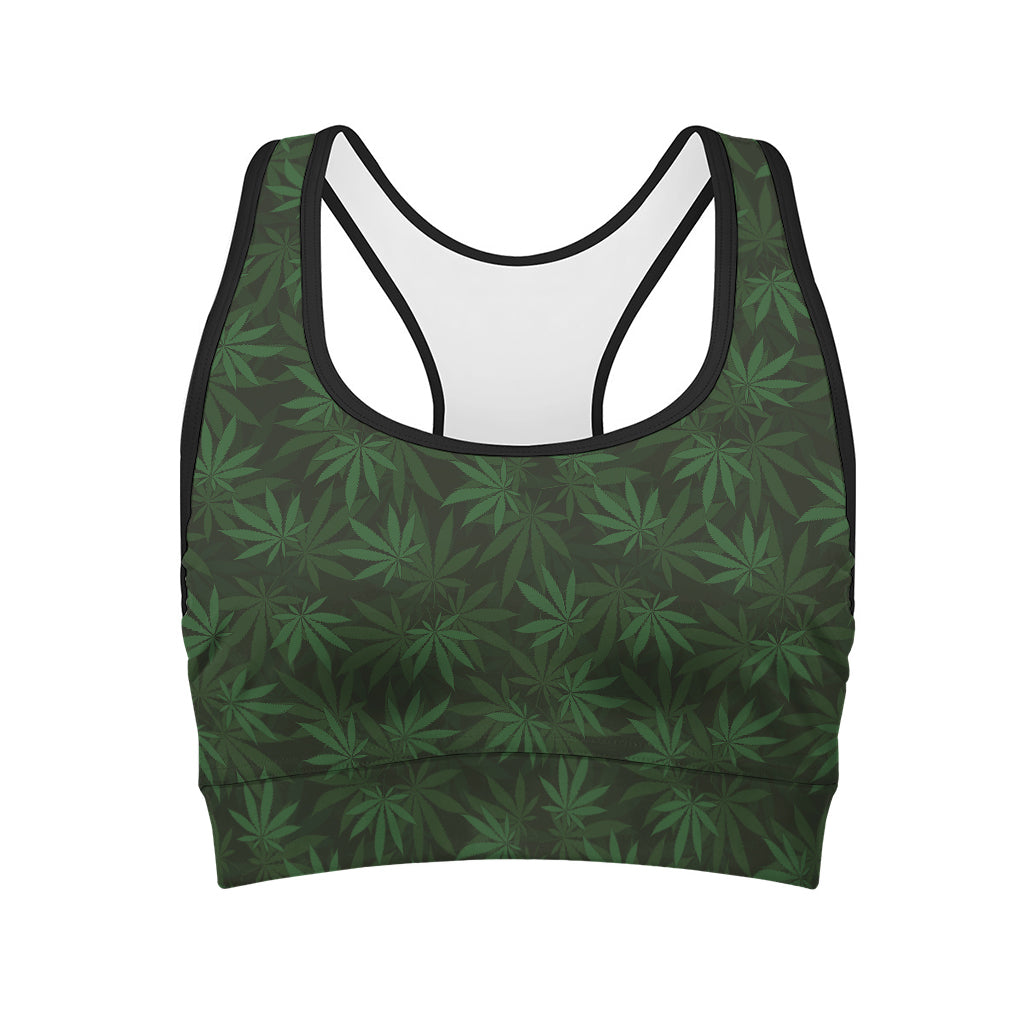Forest Green Cannabis Leaf Print Women's Sports Bra