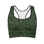 Forest Green Cannabis Leaf Print Women's Sports Bra