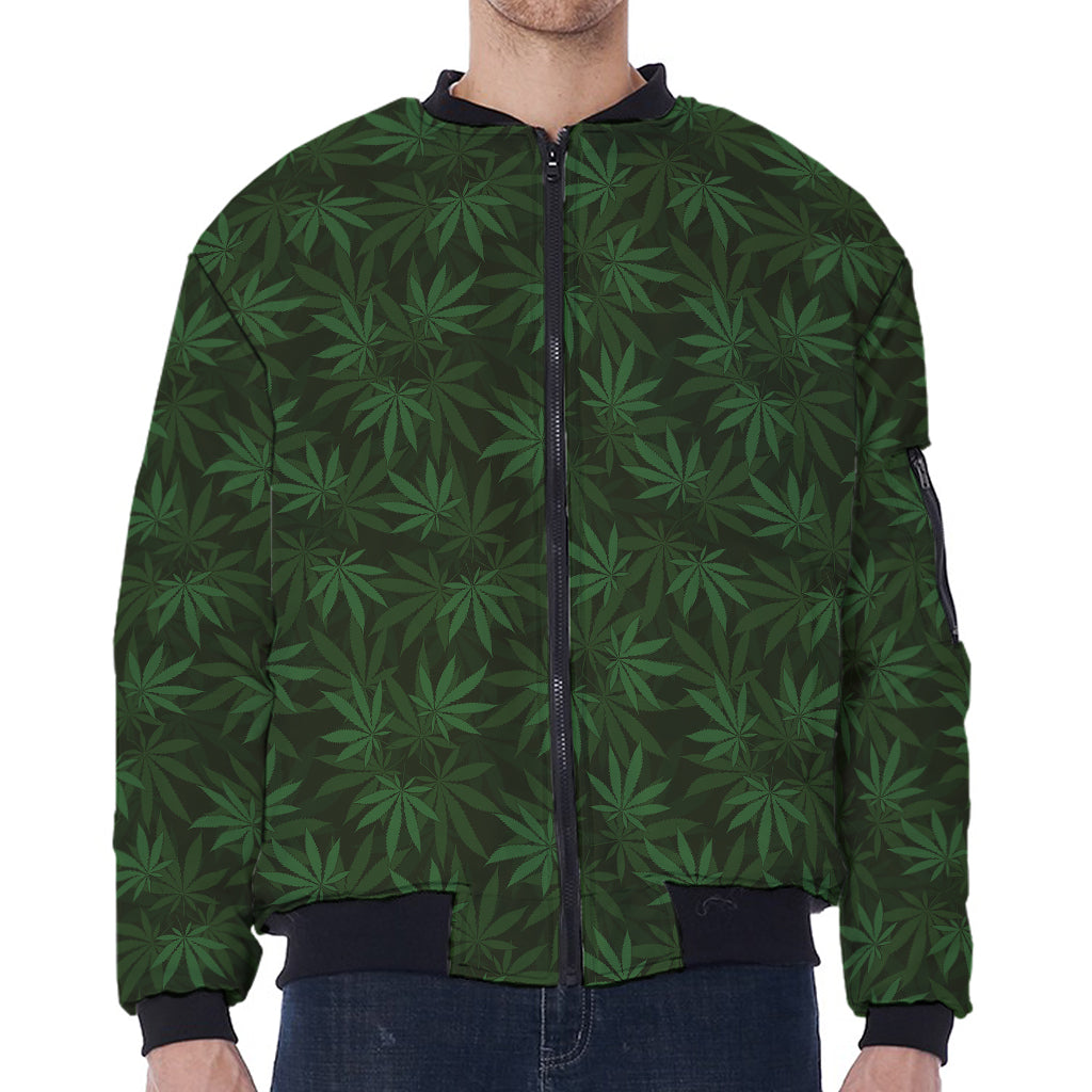 Forest Green Cannabis Leaf Print Zip Sleeve Bomber Jacket