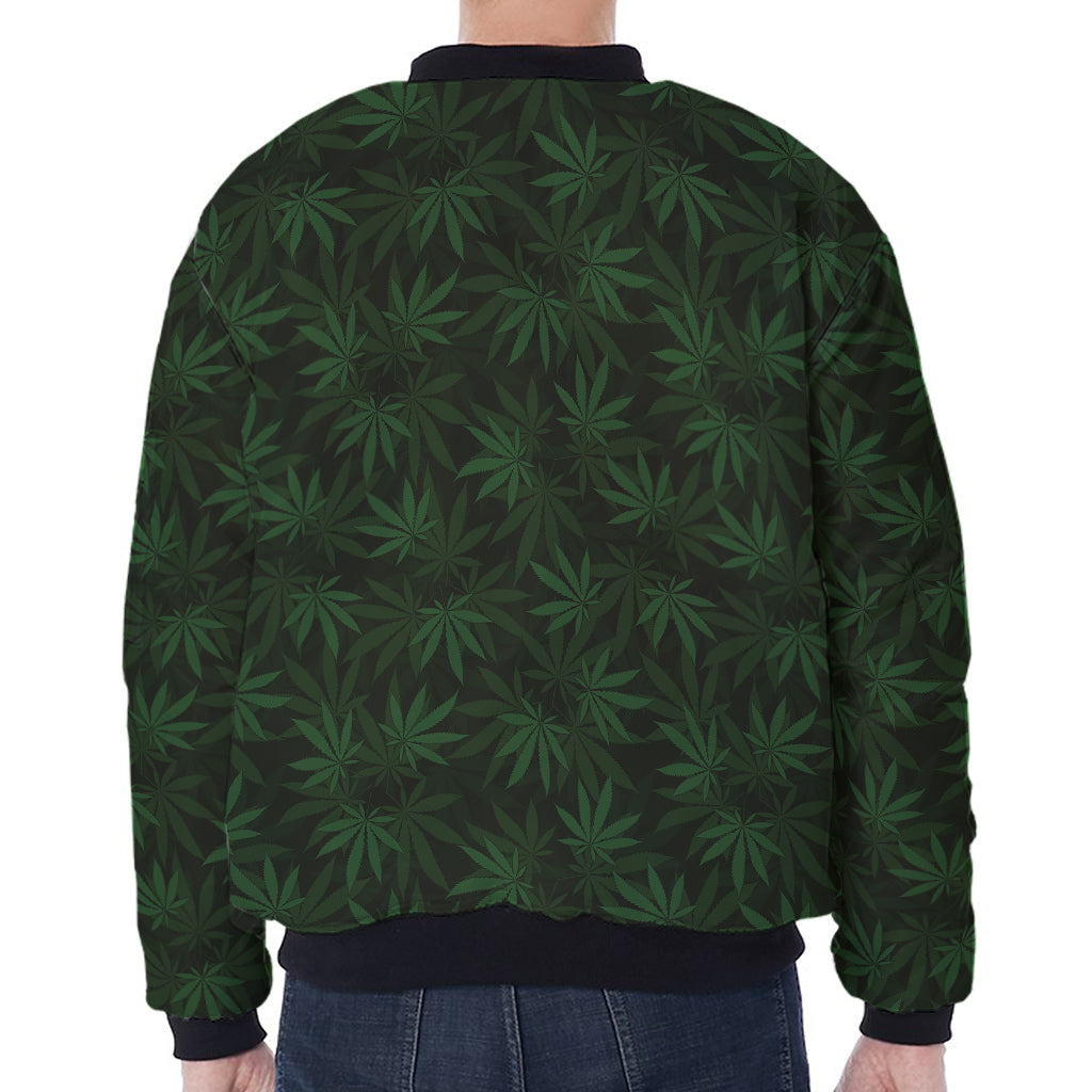 Forest Green Cannabis Leaf Print Zip Sleeve Bomber Jacket