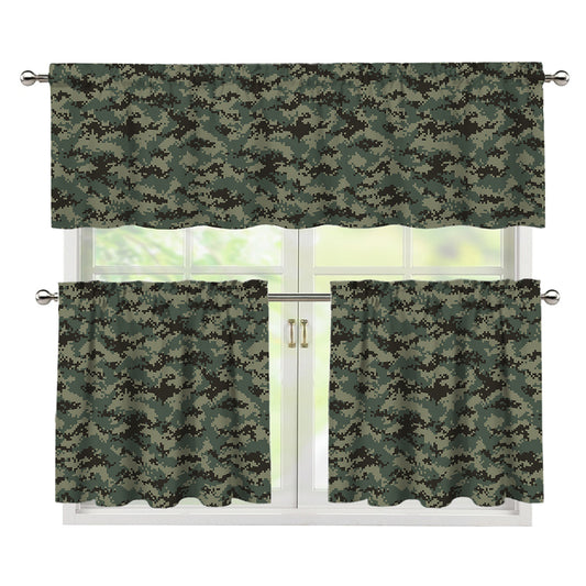 Forest Green Digital Camo Pattern Print 3 Piece Kitchen Curtains