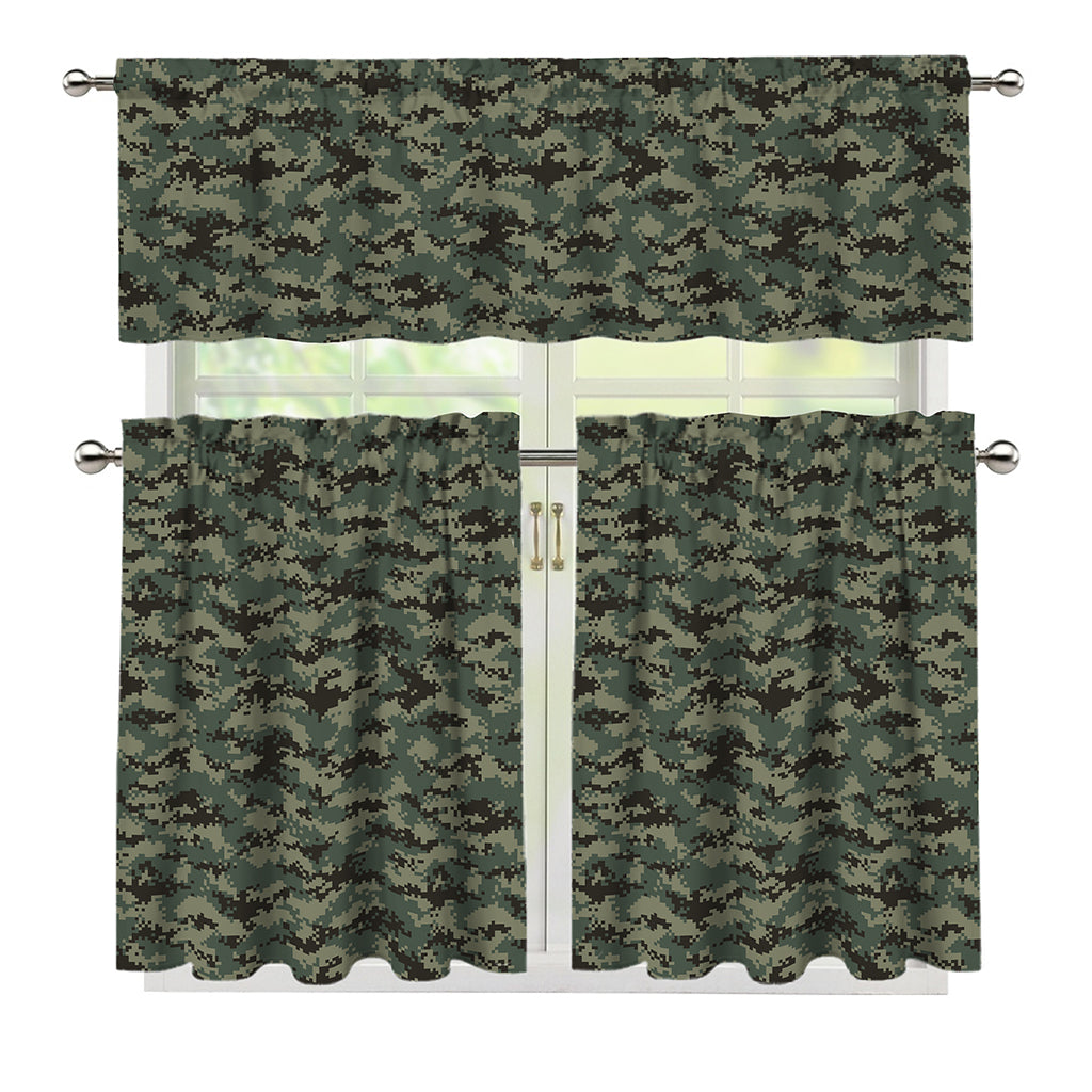Forest Green Digital Camo Pattern Print 3 Piece Kitchen Curtains