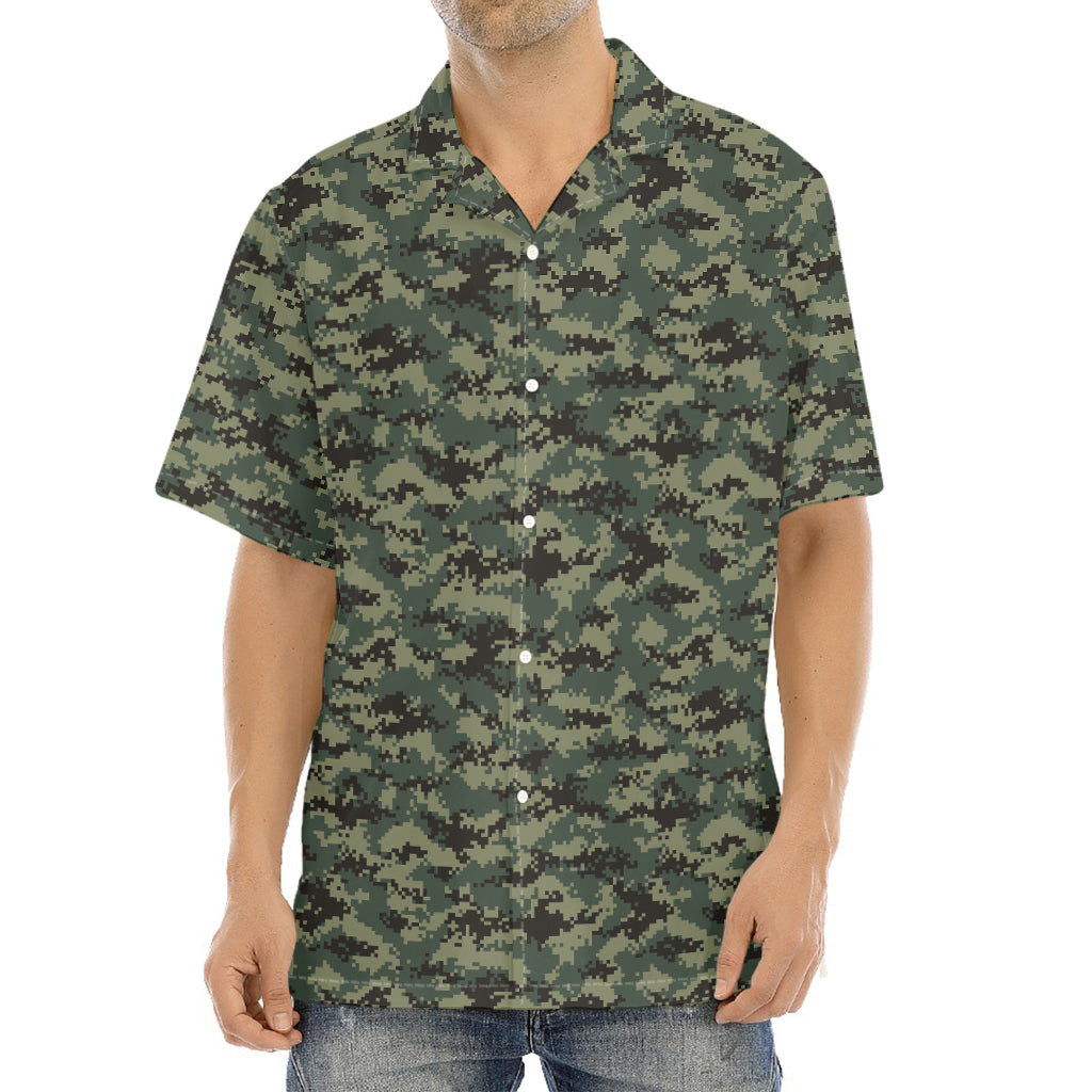Forest Green Digital Camo Pattern Print Aloha Shirt