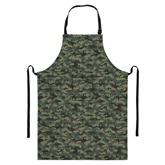 Forest Green Digital Camo Pattern Print Bib Apron With Pocket