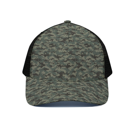Forest Green Digital Camo Pattern Print Black Mesh Trucker Cap