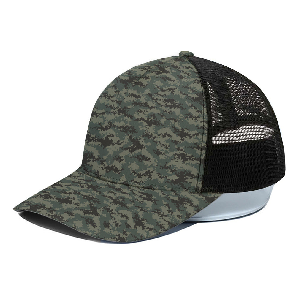 Forest Green Digital Camo Pattern Print Black Mesh Trucker Cap