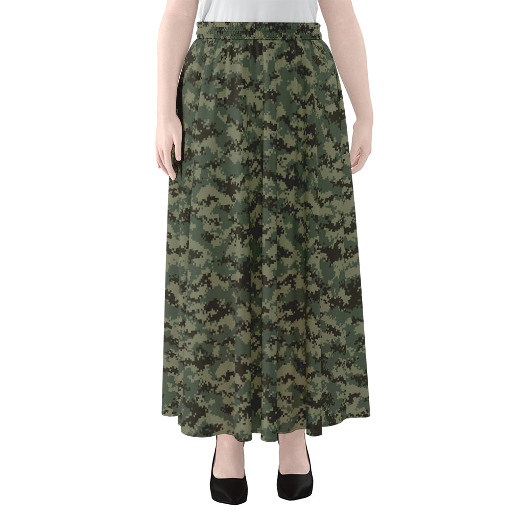 Forest Green Digital Camo Pattern Print Chiffon Maxi Skirt