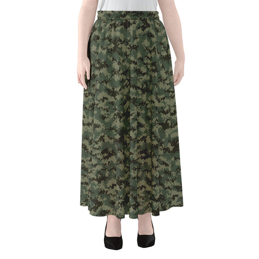 Forest Green Digital Camo Pattern Print Chiffon Maxi Skirt