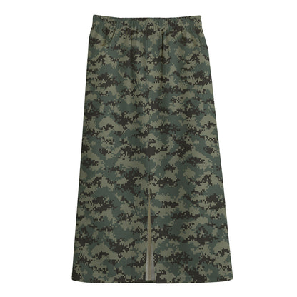 Forest Green Digital Camo Pattern Print Cotton Front Slit Maxi Skirt