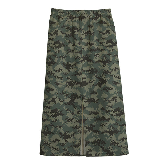 Forest Green Digital Camo Pattern Print Cotton Front Slit Maxi Skirt