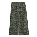 Forest Green Digital Camo Pattern Print Cotton Front Slit Maxi Skirt