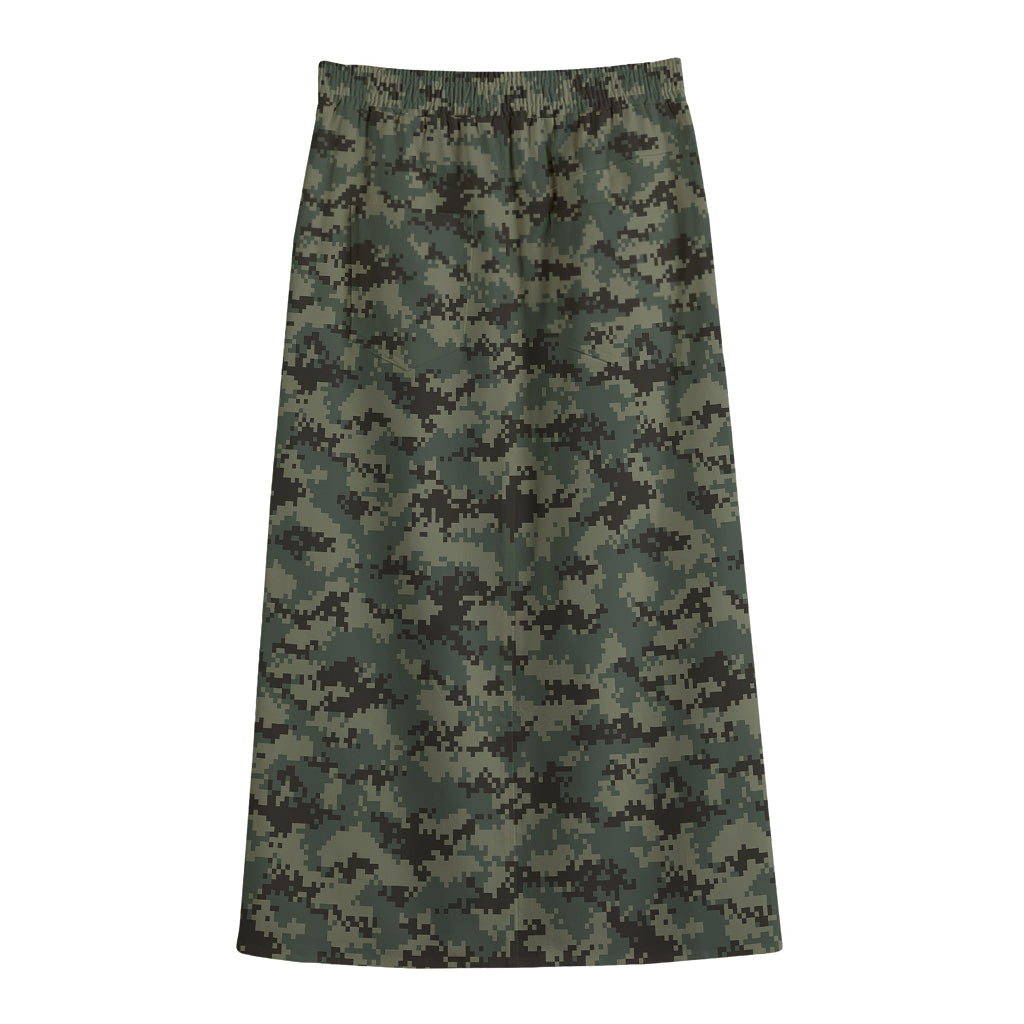 Forest Green Digital Camo Pattern Print Cotton Front Slit Maxi Skirt
