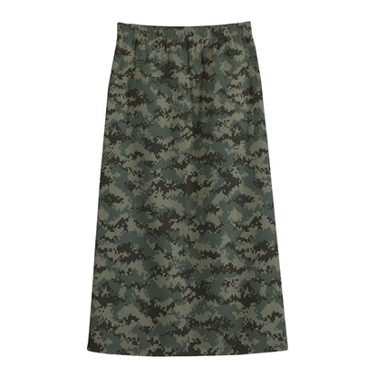 Forest Green Digital Camo Pattern Print Cotton Front Slit Maxi Skirt