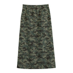 Forest Green Digital Camo Pattern Print Cotton Front Slit Maxi Skirt