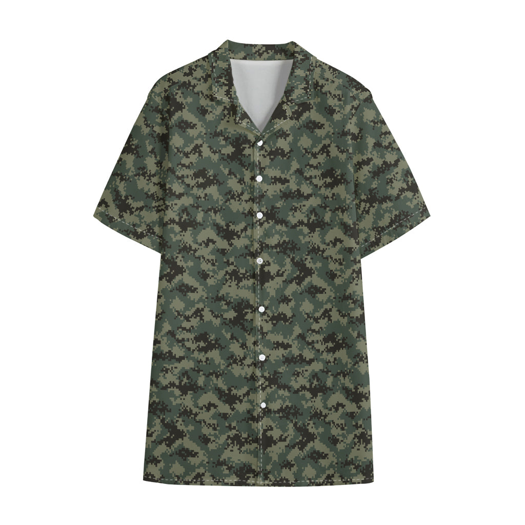 Forest Green Digital Camo Pattern Print Cotton Hawaiian Shirt