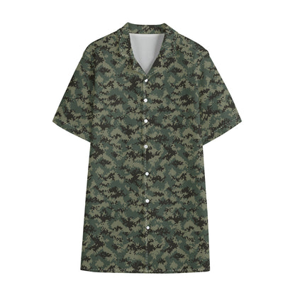 Forest Green Digital Camo Pattern Print Cotton Hawaiian Shirt
