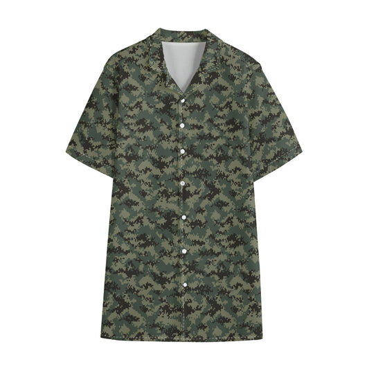 Forest Green Digital Camo Pattern Print Cotton Hawaiian Shirt