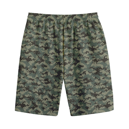 Forest Green Digital Camo Pattern Print Cotton Shorts