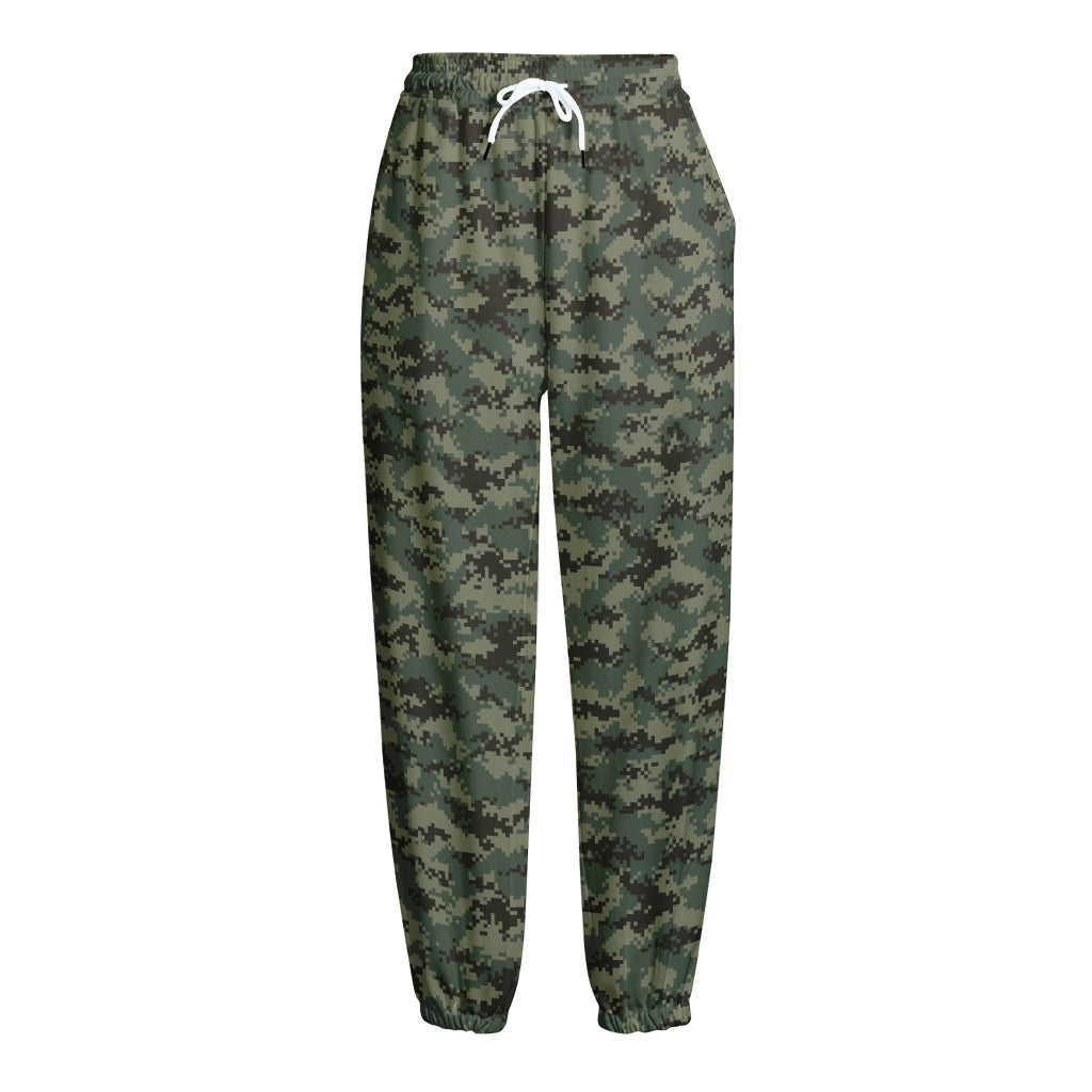 Forest Green Digital Camo Pattern Print Fleece Lined Knit Pants