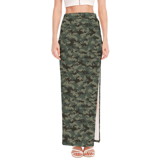 Forest Green Digital Camo Pattern Print High Slit Maxi Skirt