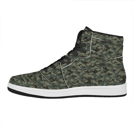 Forest Green Digital Camo Pattern Print High Top Leather Sneakers