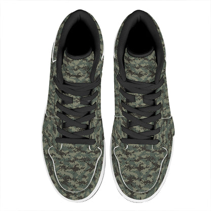 Forest Green Digital Camo Pattern Print High Top Leather Sneakers