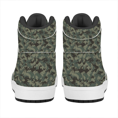 Forest Green Digital Camo Pattern Print High Top Leather Sneakers